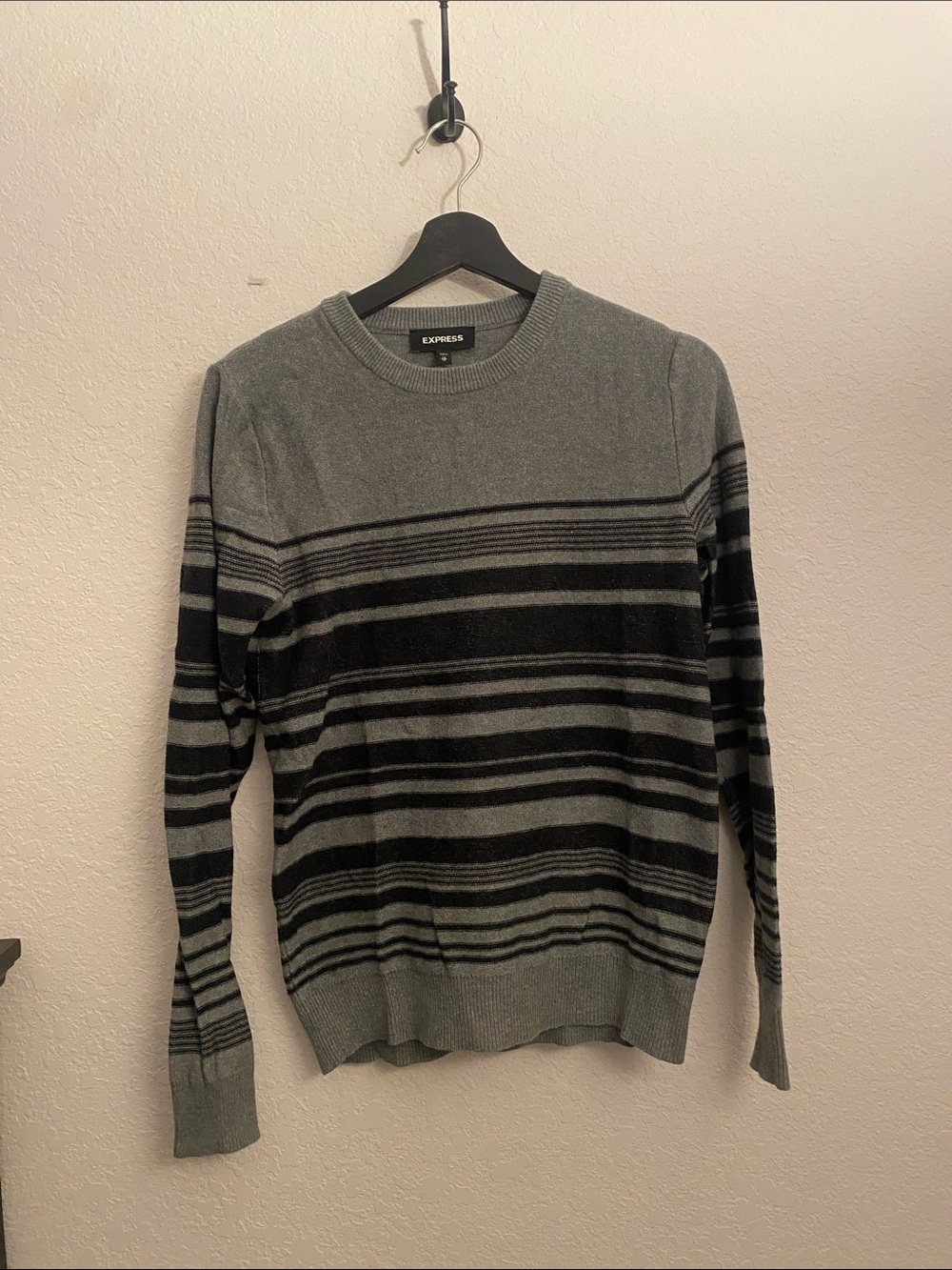 Express Gray and Black Striped Crewneck Sweater